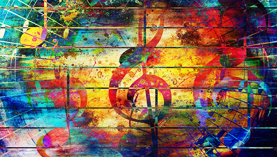 beautiful abstract colorful collage with music notes and the violin clef.