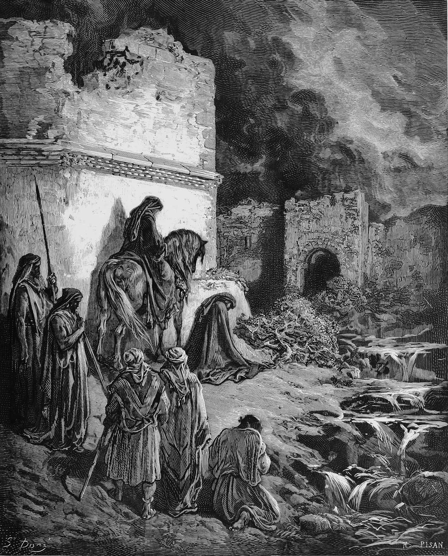 Nehemiah views the ruins of Jerusalem's walls - Picture from The Holy Scriptures, Old and New Testaments books collection published in 1885, Stuttgart-Germany. Drawings by Gustave Dore.