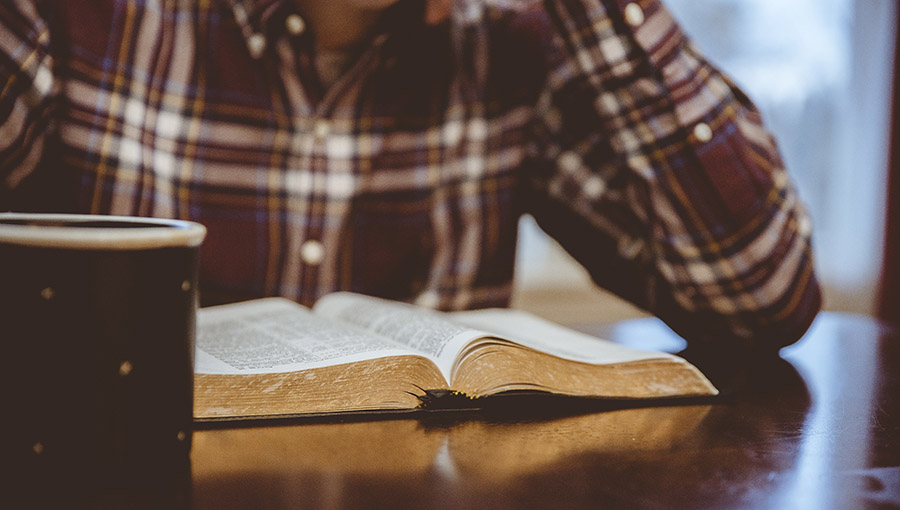 A closeup shot of a person sitting in a cafe and reading the bible with a blurred background