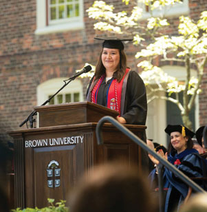 In her Class Day speech, senior Patricia Rodarte encouraged fellow Brown University graduates to go beyond borders.  Rodarte, a native of El Paso, Texas, grew up less than a mile from the Rio Grande, which marks the boundary between the United States and Mexico. She opened her speech by talking about the shared culture and interdependent ancestry and economies of El Paso and its “sister city,” Ciudad Juarez, Mexico—despite being separated by a 10-foot-tall fence. 